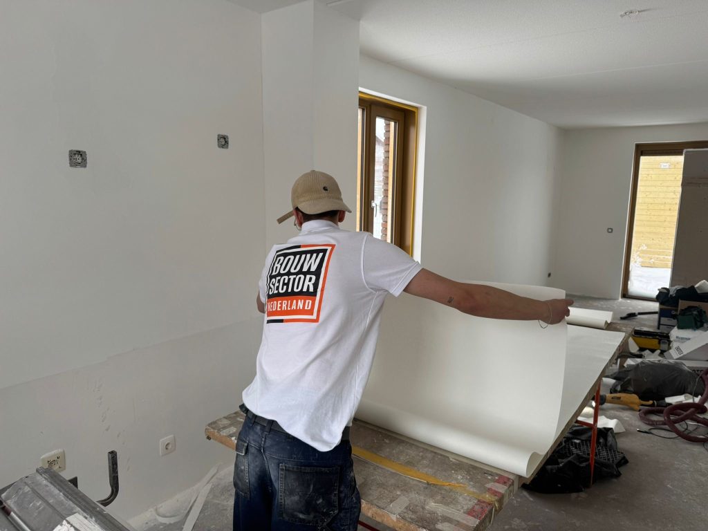 Behanger in wit Bouwsector-shirt legt een lange baan renovlies op de plaktafel in een kale nieuwbouwwoning