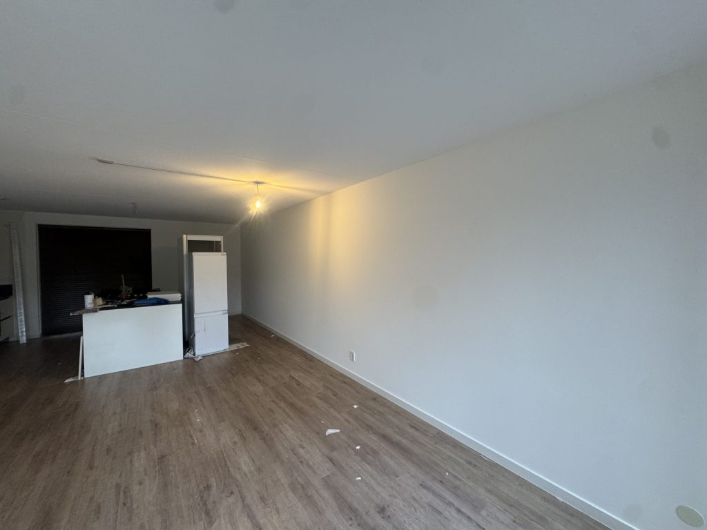 Lange lege woonkamer met open keuken, laminaat en een strakke lichte wand zonder zichtbare naden